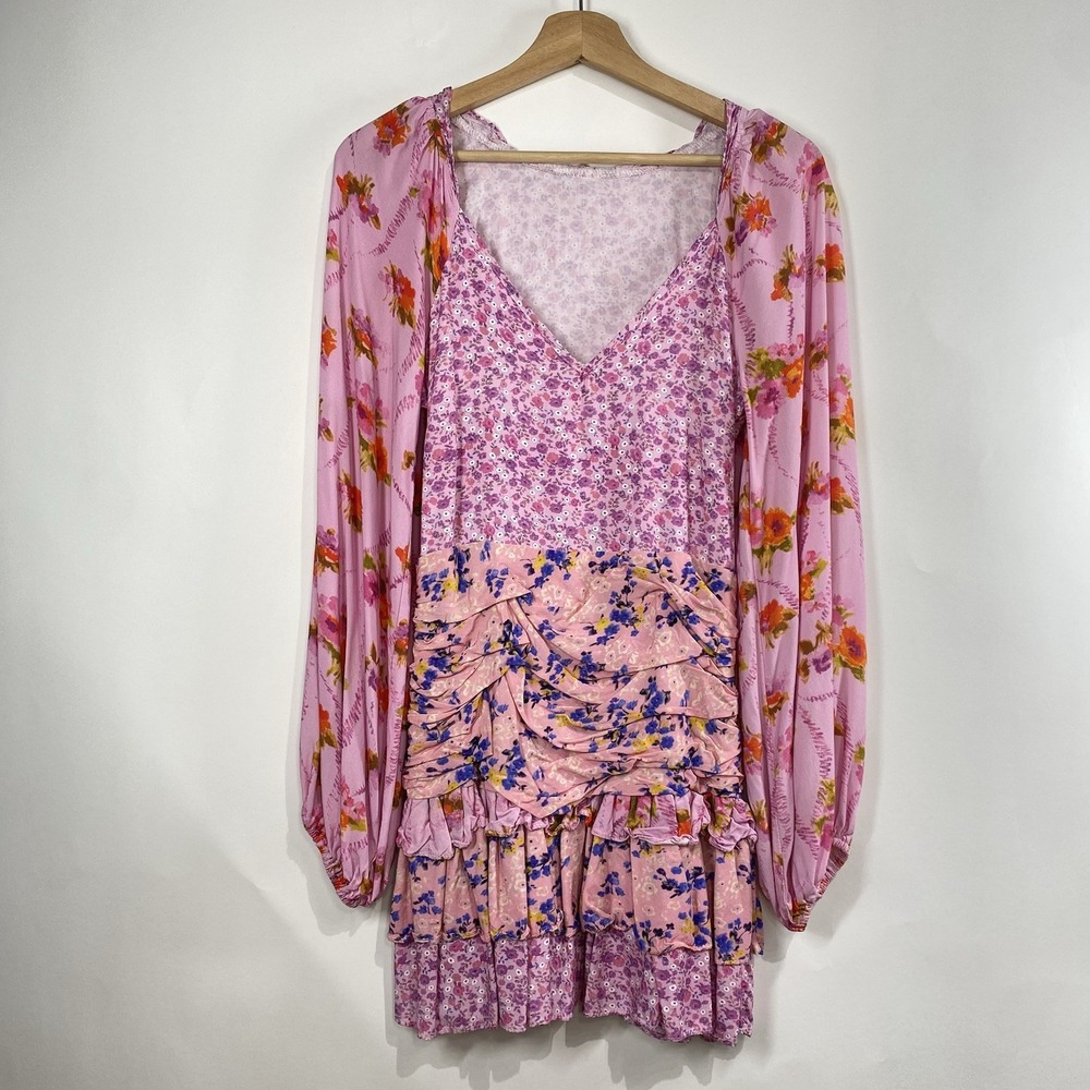 70/21 Womens Pink Floral Ruched Ruffle V Neck Balloon Sleeve Mini Dress Size S